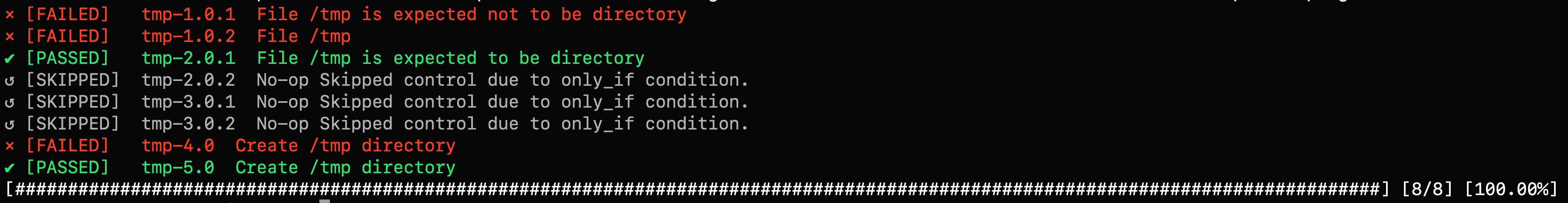 Progress Bar Reporter showing outcome of tests in CLI output.